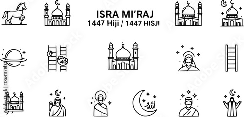 Isra Mi'raj 1447 Hiji  1447 HISJI Islamic Holiday Line Art Icon Set