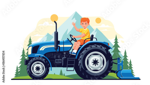 Happy boy waving while driving a blue tractor through a scenic landscape with mountains and trees, representing farming and rural childhood.
