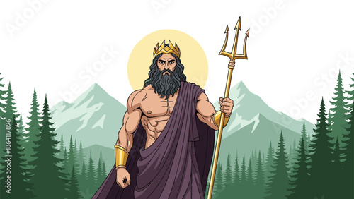 Powerful depiction of the Greek god Poseidon holding his trident, standing with a muscular physique before a majestic mountain and forest landscape.