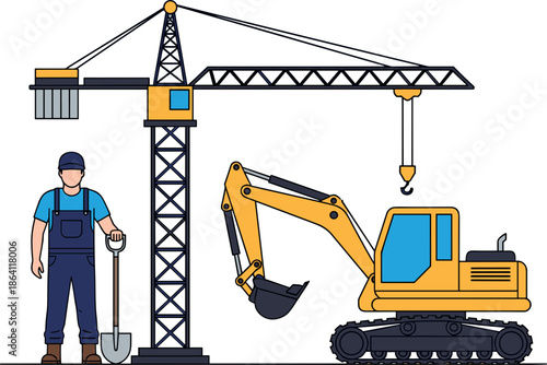 Construction worker, tower crane, and excavator on site – engineering machinery scene by flavector