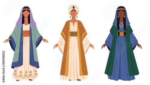 Collection of three women dressed in traditional ancient or biblical-era clothing, showcasing diverse and historical Middle Eastern or Roman attire.