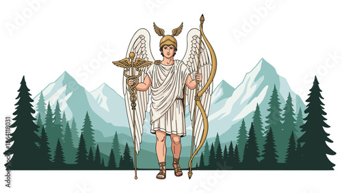 Illustration of the Greek god Hermes, or Mercury, with winged helmet and sandals, holding a caduceus and bow before a mountain and forest backdrop.