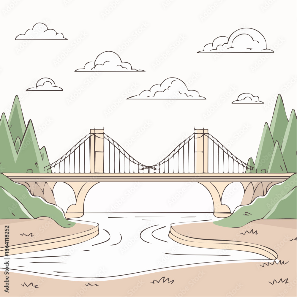 Fototapeta premium Giant bridge over river. Continuous one line drawing design