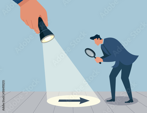 Guided Investigation and Direction Under Spotlight in Flat Vector Style, Searchlight Focus, Detective Research, Problem Solving, Goal Direction, Business Analysis