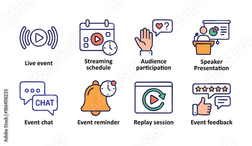Event planning and management icons for live streaming and audience engagement
