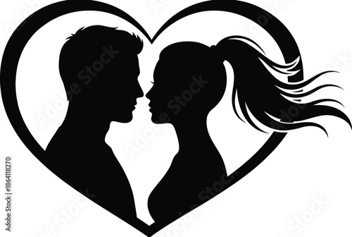 Silhouettes of a couple in a heart isolated on white background, Vector, illustration