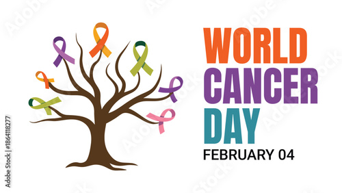 World Cancer Day awareness illustration with colorful ribbon tree symbol representing hope, unity, support, diversity and global fight against cancer on february 04