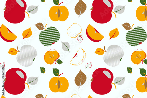Seamless pattern with vibrant red, green, and yellow apples and autumn leaves on a white background. Modern flat fruit illustration for kitchen textile and food packaging.