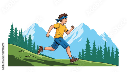 Dynamic cartoon of a boy running or jogging through a hilly, natural landscape with pine trees and mountains under a clear sky.