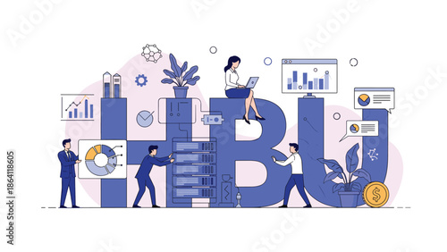 HBU business acronym concept showing a team building and managing a business structure with servers, charts, financial elements, and plant growth symbols.