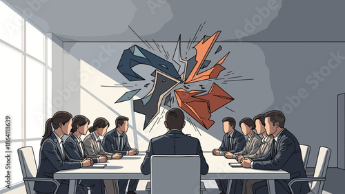 Business team in a meeting room witnesses a catastrophic failure of a project symbolized by a shattered geometric structure