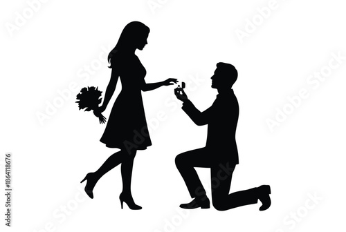 Man proposes to woman with ring isolated on white background, Vector, illustration