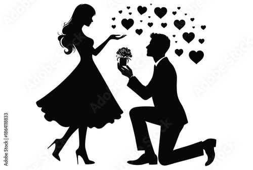 Man proposes to woman with flower isolated on white background, Vector, illustration