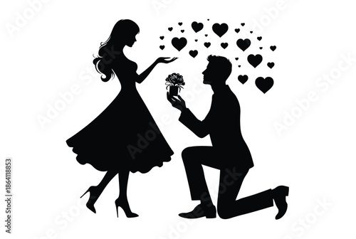 Man proposes to woman with flower isolated on white background, Vector, illustration
