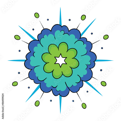 A vibrant burst of blue and green energy springs outward, swirling and sparkling, capturing the dynamic, explosive essence of a lively spring celebration.
