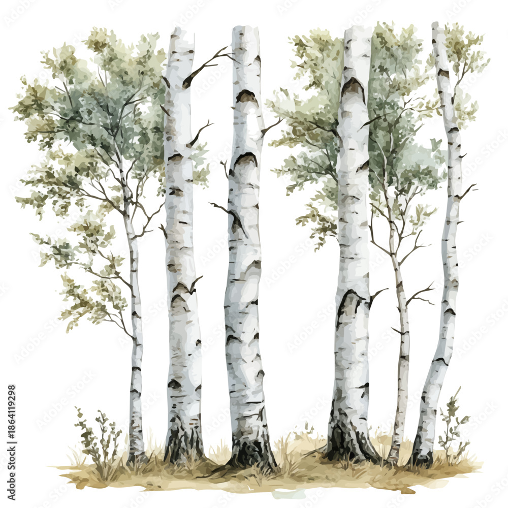 Fototapeta premium Birch Tree, watercolor vector portraying a joyful pose with colorful highlights, isolated on a white background.
