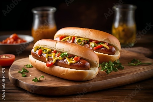 Delicious grilled hot dogs served on a wooden board.