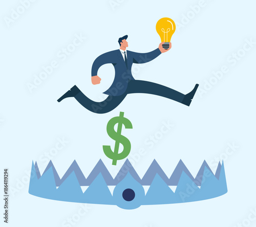 Businessman jumping over money trap with bright idea, entrepreneurship, risk management, financial strategy, innovation