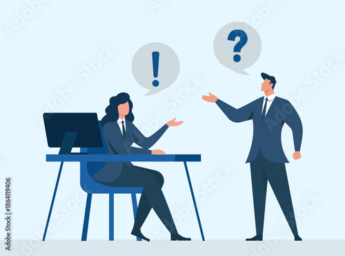 Business consultation scene: office receptionist and client discussing questions and alerts at a desk, flat vector illustration, Customer Support, Client Inquiry, Office Communication, Problem Solving