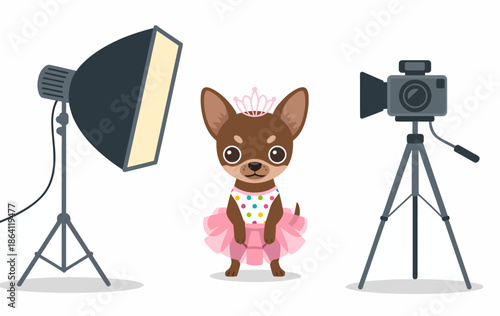 This adorable Chihuahua, styled with a cute outfit, poses charmingly amidst professional photography equipment, embodying the essence of pet fashion and delightful playfulness.