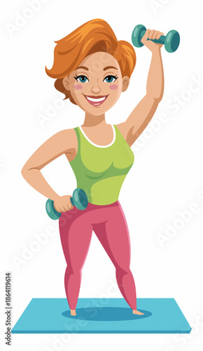 A lively illustration of a smiling woman lifting dumbbells, showcasing the themes of health, fitness, and vitality in an engaging style that promotes an active lifestyle.