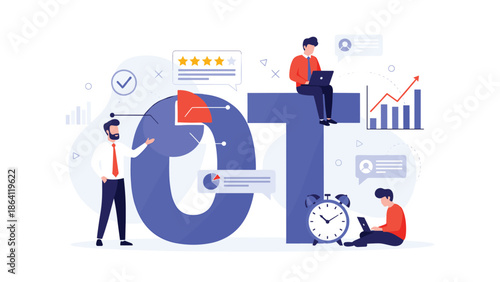 OT business acronym concept with a team managing projects, analyzing customer feedback, and working with data against a clock, symbolizing overtime or operational technology.