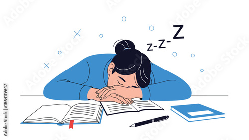 Tired student or employee with dark hair sleeping at a desk, with their head on their arms over open books, indicating burnout or exhaustion.