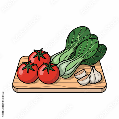 A vibrant assortment of fresh tomatoes, bok choy, and garlic rests on a wooden cutting board, representing healthy eating and culinary creativity.