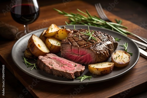 Juicy Grilled Beef Steak with Roasted Potatoes and Rosemary