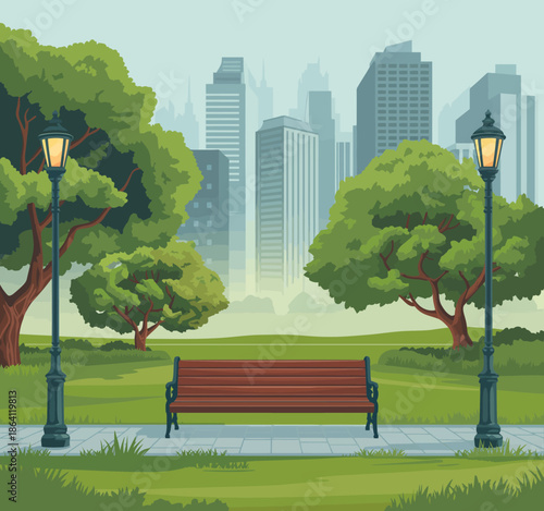 A serene park setting contrasted against a modern city skyline, depicting nature's beauty intertwined with urban life and the importance of green spaces.