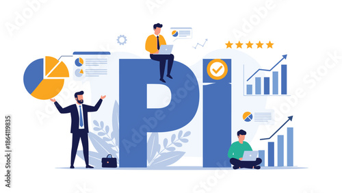 PI or Performance Indicator concept showing a business team analyzing growth charts and celebrating success, surrounded by financial and rating icons.