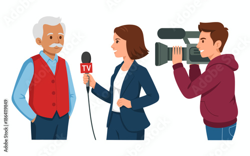 This image captures a dynamic TV interview scene featuring a reporter, interviewer, and interviewee, illustrating the essence of media communication in contemporary reporting.