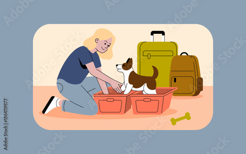 A woman kneels by two red boxes, packing items as her dog curiously explores. Her cheerful expression shows the joy of preparing for a trip together with her furry friend.