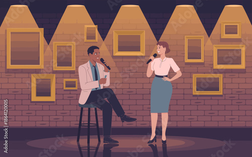 A captivating scene of a live performance featuring two singers engaged in a heartfelt duet, showcasing the energy, connection, and artistry of music and entertainment.