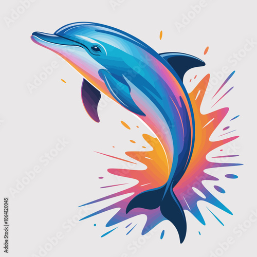 This vibrant image depicts a majestic dolphin gracefully leaping out of a splash of colorful water, symbolizing freedom, joy, and the beauty of marine life.