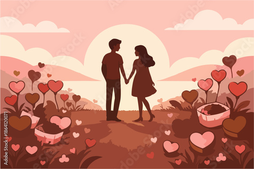 Romantic couple holding hands watching sunset with heart elements, Valentine's Day greeting card background