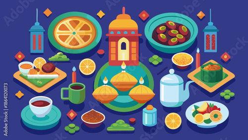 Top down vector view of an Iftar table with various dishes, water, dates, and a lantern, vibrant colors, flat design style.