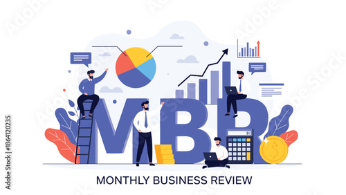 MBR or Monthly Business Review concept showing a team analyzing performance charts, managing finances, and planning for the next month's goals.