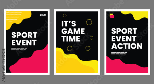 Modern sport event poster templates set with bold typography, abstract shapes and vibrant colors for promotion
