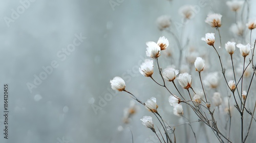 Small cream-colored flowers on thin branches are gently coated with ice crystals in a soothing winter atmosphere.