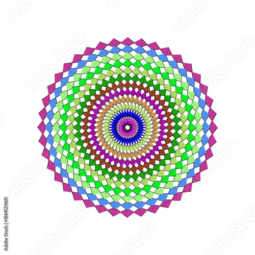 Detailed geometric medallion with colorful overlapping shapes and a dense dark purple central core
