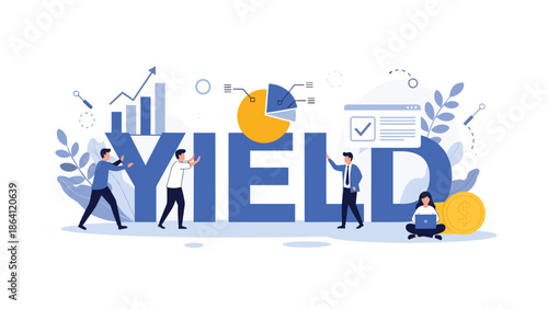 Business team collaborating to build the word YIELD, illustrating concepts of investment return, productivity, and financial growth with charts and money.