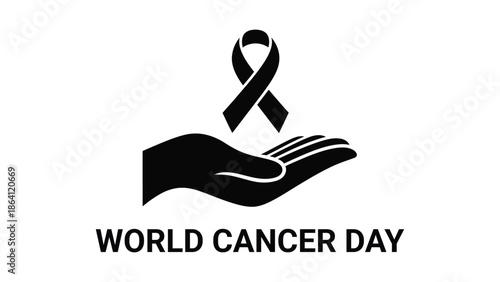 World Cancer Day awareness concept with black ribbon on caring hand symbol representing hope, support, solidarity and global fight against cancer