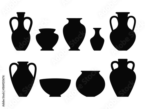Collection of ancient ceramic vessels isolated on white background, Vector, illustration