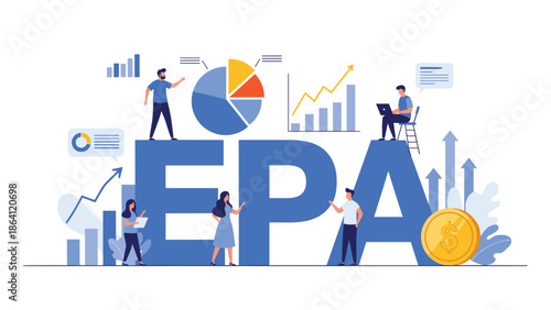 EPA business acronym concept with a team analyzing financial performance, tracking growth, and managing investments with data charts.