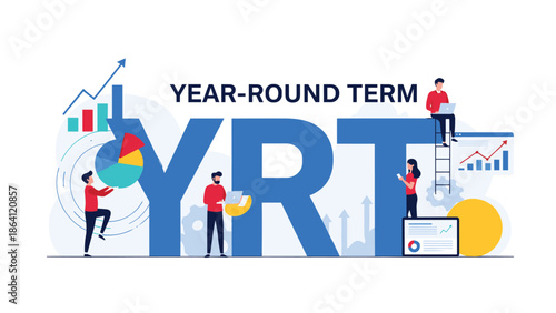 YRT or Year-Round Term business concept showing a team analyzing data, managing projects, and planning for continuous growth throughout the year.