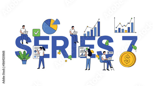 Series 7 exam concept with people studying financial charts, managing investments, and working with data to prepare for the stockbroker license.