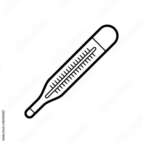 Black and white line art drawing of a classic medical thermometer for measuring body temperature.