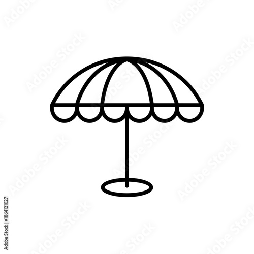 Simple line art illustration of a beach umbrella with a scalloped edge, standing on a base, perfect for summer vacation and outdoor relaxation.