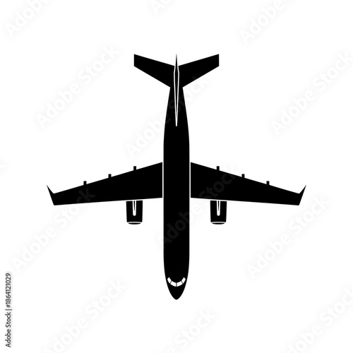 Top-down view of a black airplane silhouette, a simple graphic icon representing air travel and aviation.